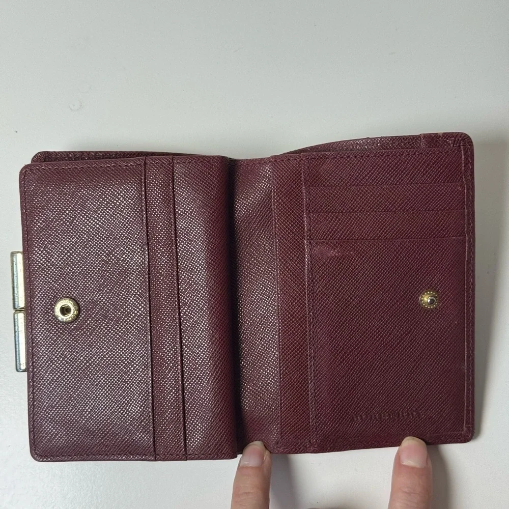 Burberry Women’s Classic Nova Check Burgundy Bi Fold Wallet With Gold Clasp